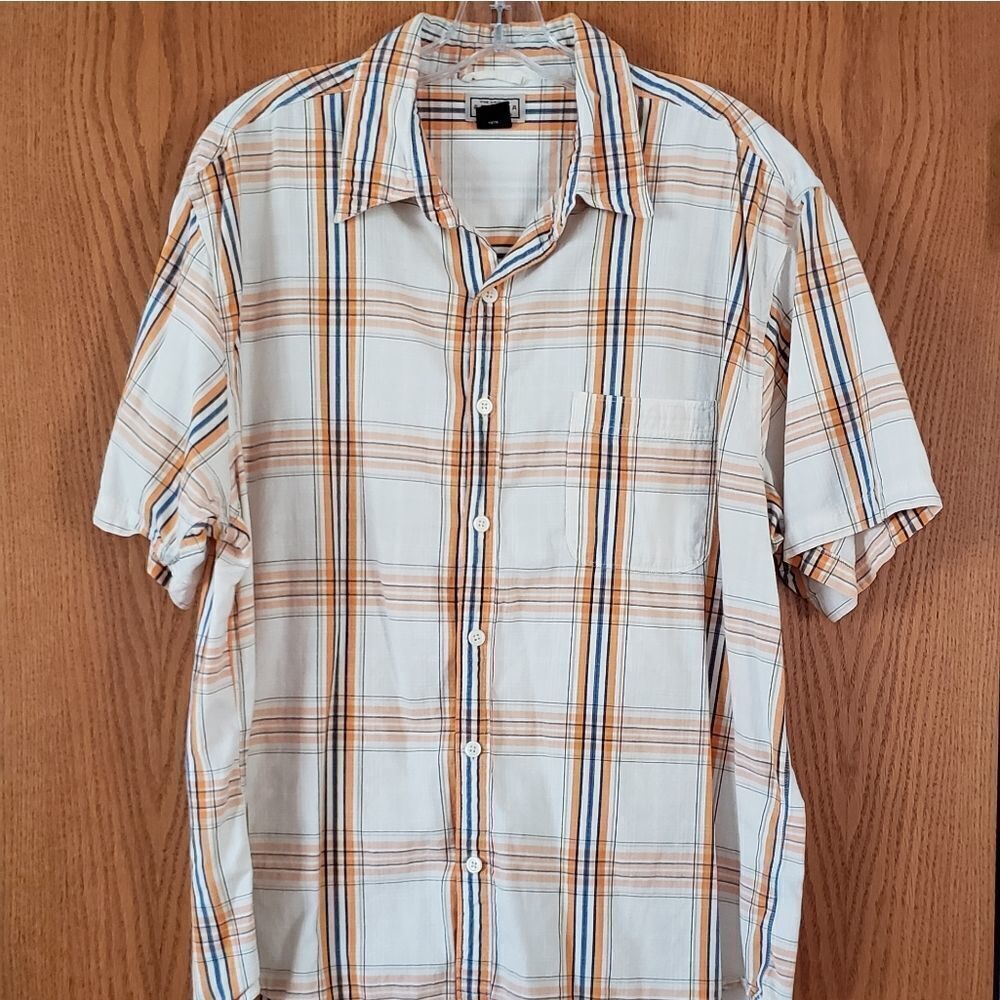 EUC Arizona Mens Cream/Orange Plaid Shirt Sz L